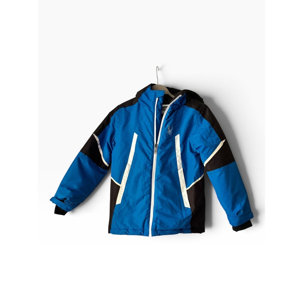 Spyder Ski Jacket Boys Small 8 Blue Black White Excellent Insulated Hooded Coat